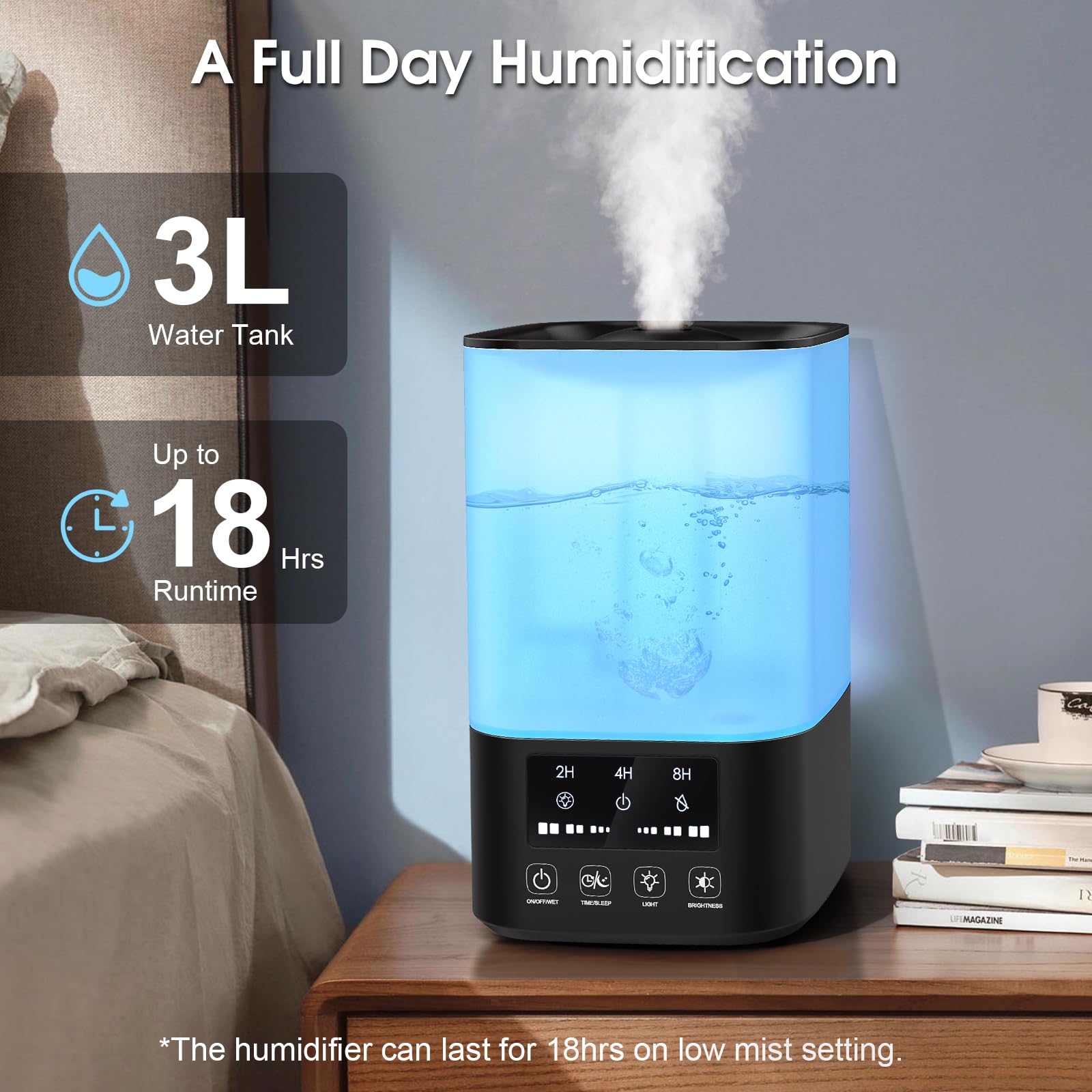 Humidifiers for Bedroom, Cool Mist Humidifiers for Large Room, 3L Top Fill Humidifiers for Home Baby Nursery, Remote Control, 360°Nozzle, Auto Shut-Off, Sleep Mode, 3 Mist Levels, Nightlight, Timer