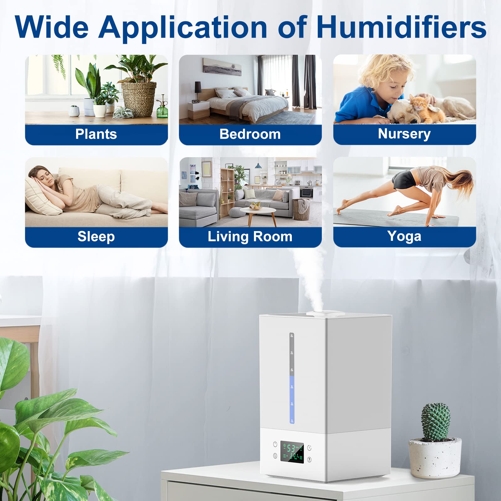 6L Humidifiers for Bedroom Large Room, Cool Mist Humidifiers for Baby Nursery Plants with Essential Oils Diffuser, 360°Rotatable Double Spray Outlet Nozzle, Auto-Shut Off, Sleep Mode