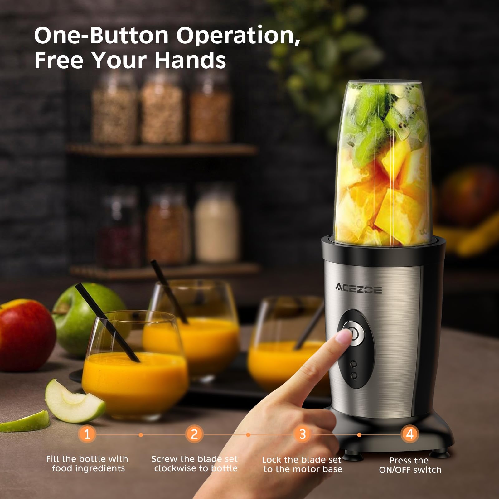 Acezoe Blender Shakes and Smoothies, 850W Portable Blender, One-Button Mixer, 3D 6-leafs, 2x17oz Personal Blender Bottle, BPA Free Kitchen, baby food, Grinding, Juice