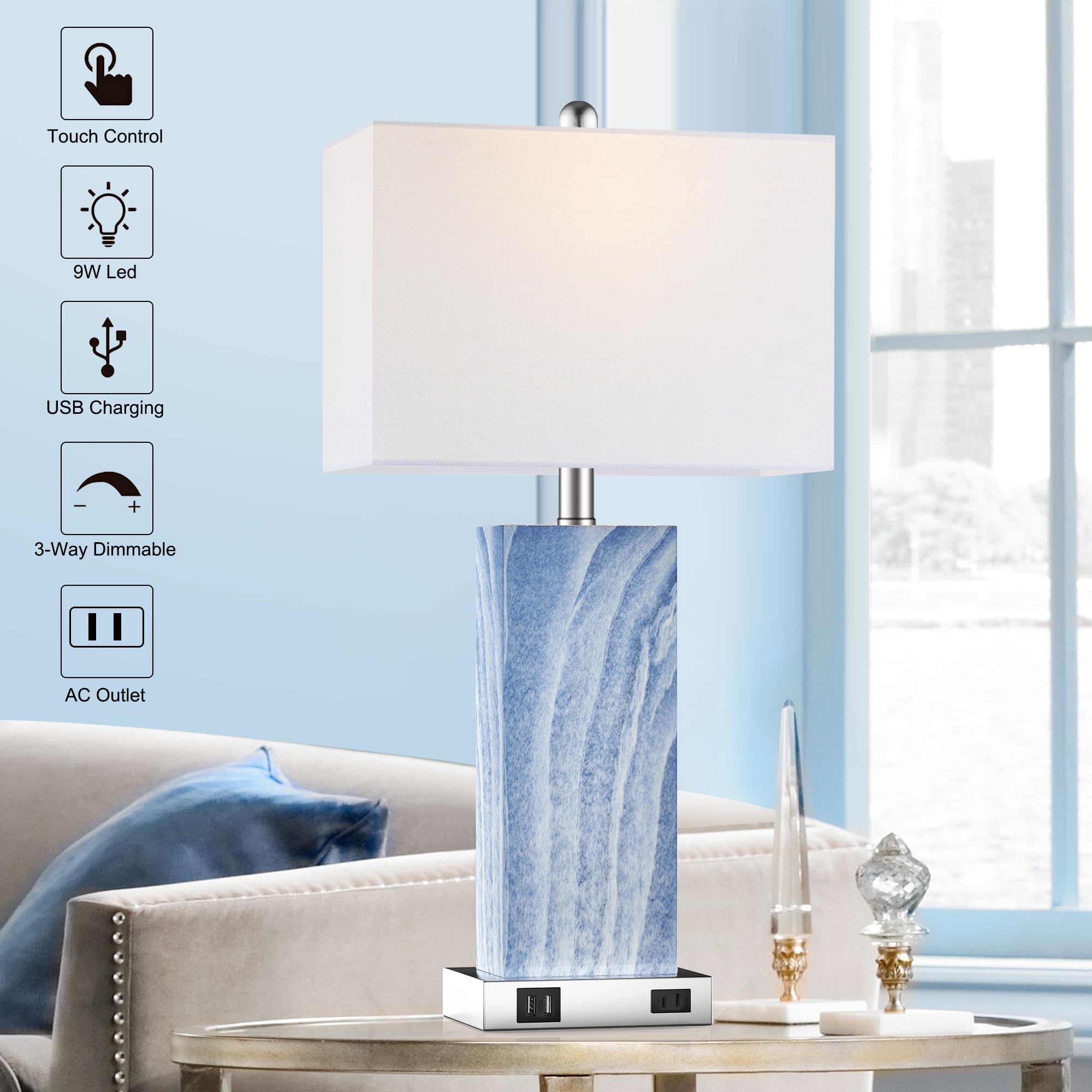 Touch Control Table Lamps with White Fabric Shade Set of 2, 3-Way Dimmable Modern Ceramic Blue Nightstand Bedside Lamp with 2 USB Ports 1 AC Outlet for Living Room, Bedroom (LED Bulbs Included)