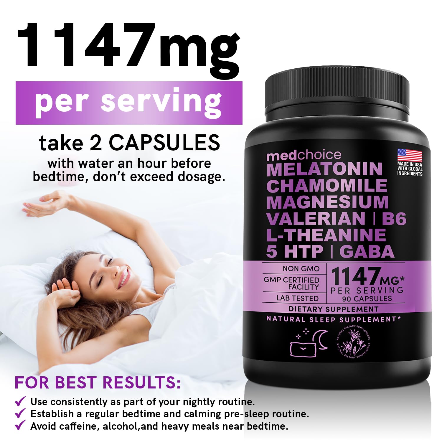 10-in-1 Melatonin Capsules - Melatonin 5mg Natural Sleep Aid for Adults with L Theanine, 5 HTP, GABA, Valerian Root, Chamomile, Vitamin B6, Magnesium for Sleep Support - Sleep Supplement (Pack of 1)