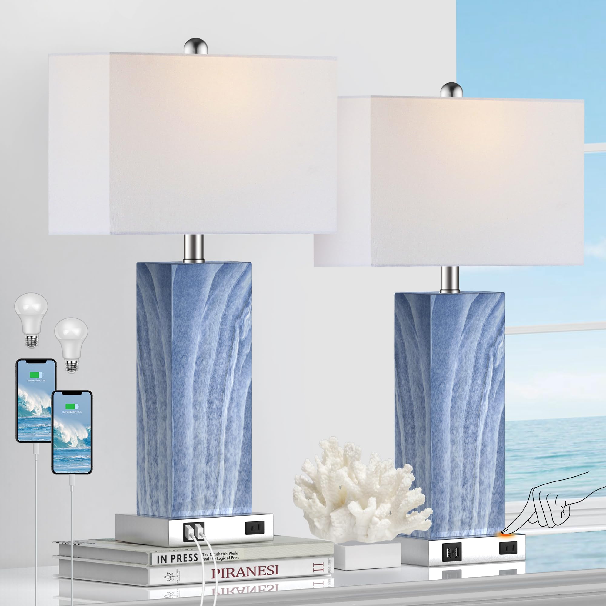 Touch Control Table Lamps with White Fabric Shade Set of 2, 3-Way Dimmable Modern Ceramic Blue Nightstand Bedside Lamp with 2 USB Ports 1 AC Outlet for Living Room, Bedroom (LED Bulbs Included)