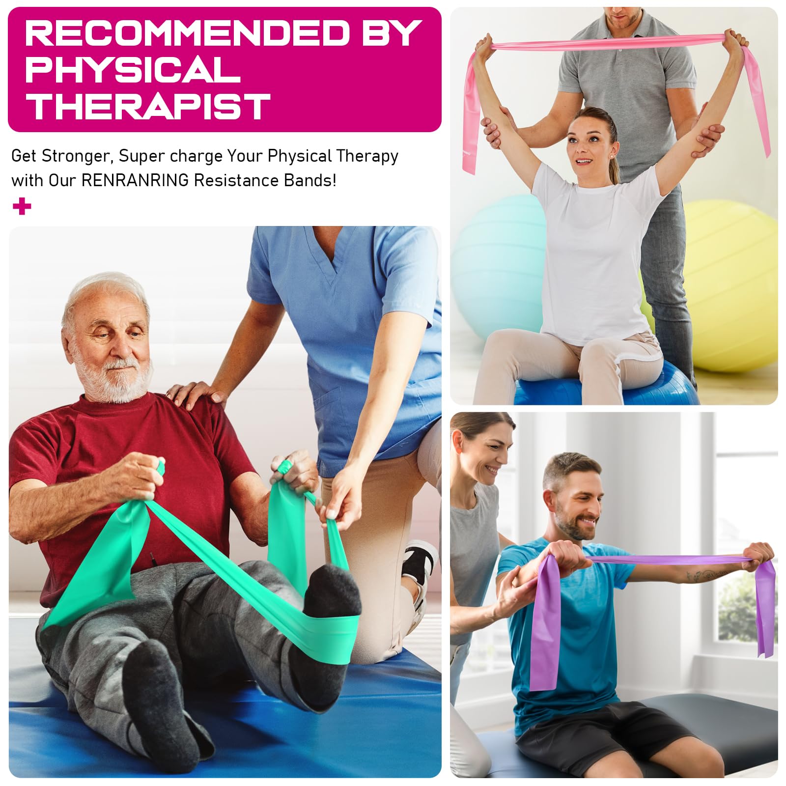 RENRANRING Resistance Bands for Working Out, Exercise Bands for Physical Therapy, Stretch, Recovery, Pilates, Rehab, Strength Training and Yoga Starter Set