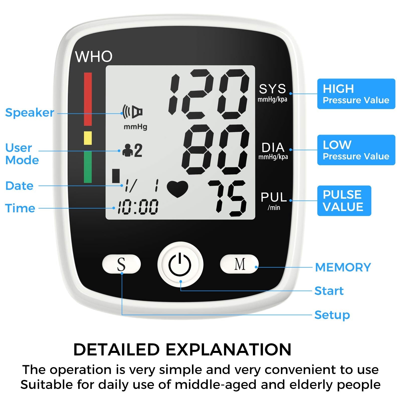 Blood Pressure Monitor Adjustable Wrist Blood Pressure Cuff Digital BP Machine 2x99 Readings Voice Broadcast Blood Pressure Detector with Carrying Case Portable for Home Use