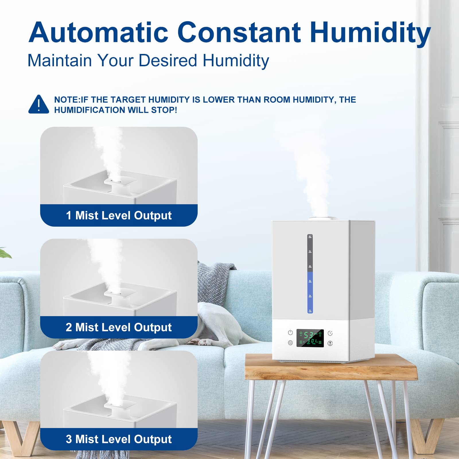 6L Humidifiers for Bedroom Large Room, Cool Mist Humidifiers for Baby Nursery Plants with Essential Oils Diffuser, 360°Rotatable Double Spray Outlet Nozzle, Auto-Shut Off, Sleep Mode