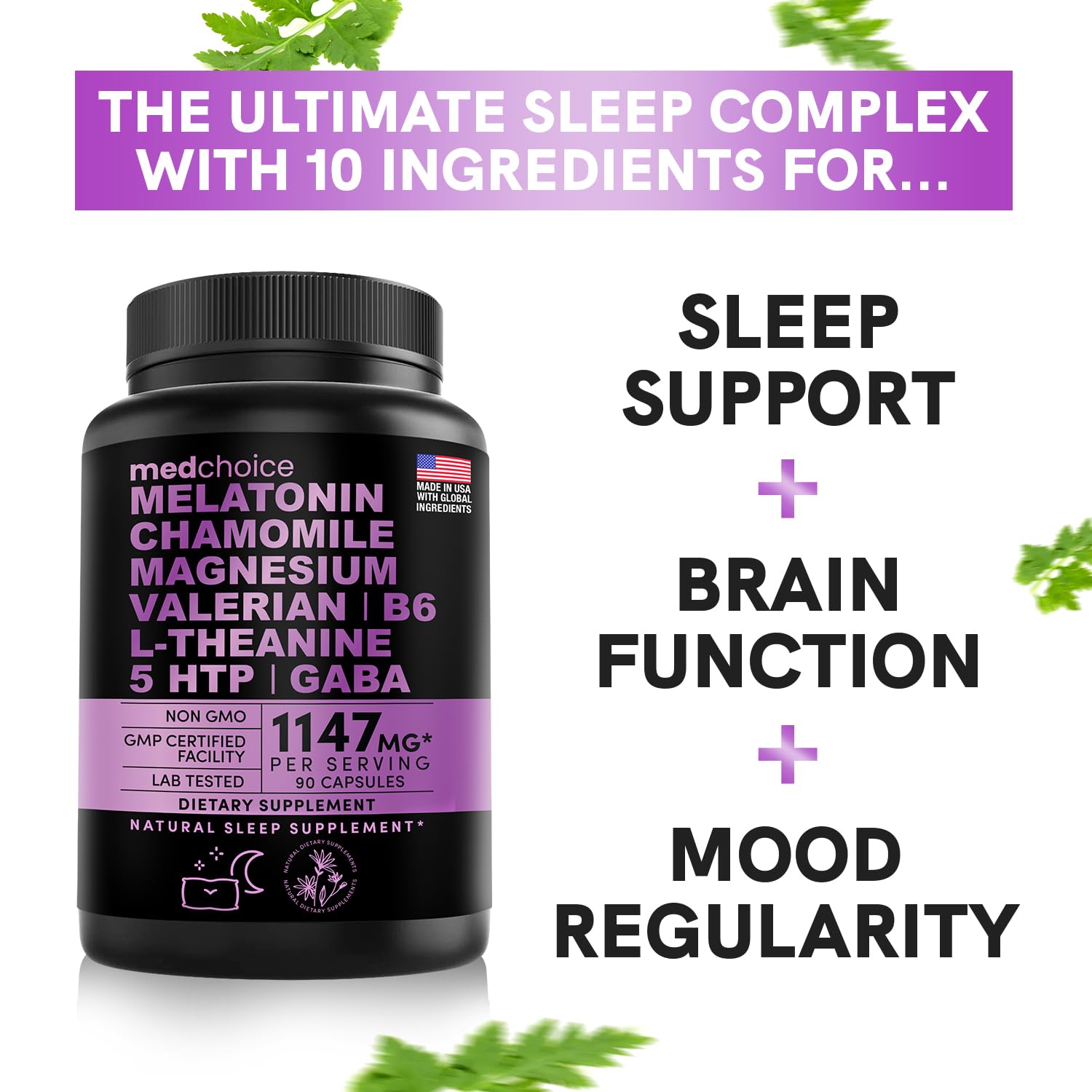 10-in-1 Melatonin Capsules - Melatonin 5mg Natural Sleep Aid for Adults with L Theanine, 5 HTP, GABA, Valerian Root, Chamomile, Vitamin B6, Magnesium for Sleep Support - Sleep Supplement (Pack of 1)