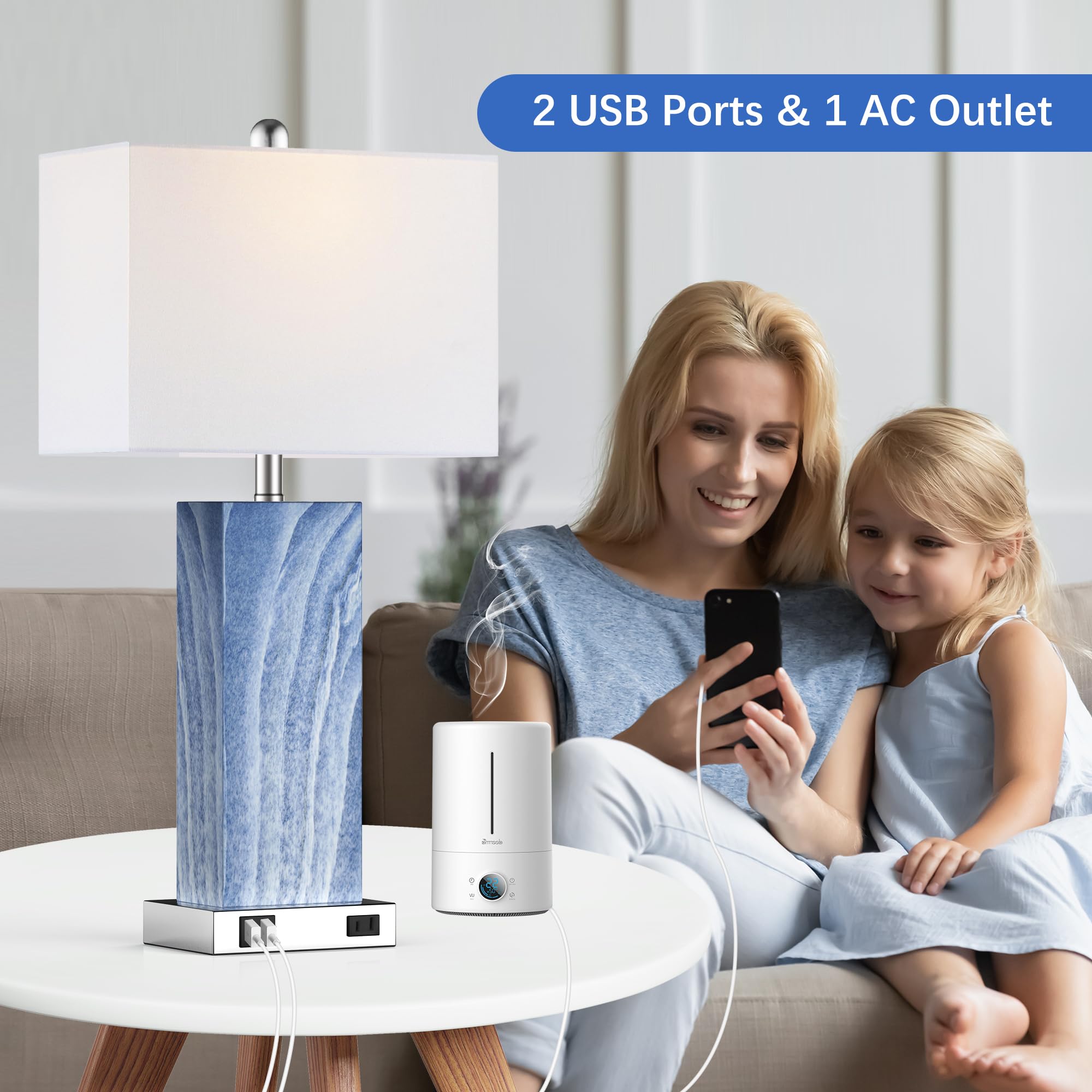 Touch Control Table Lamps with White Fabric Shade Set of 2, 3-Way Dimmable Modern Ceramic Blue Nightstand Bedside Lamp with 2 USB Ports 1 AC Outlet for Living Room, Bedroom (LED Bulbs Included)