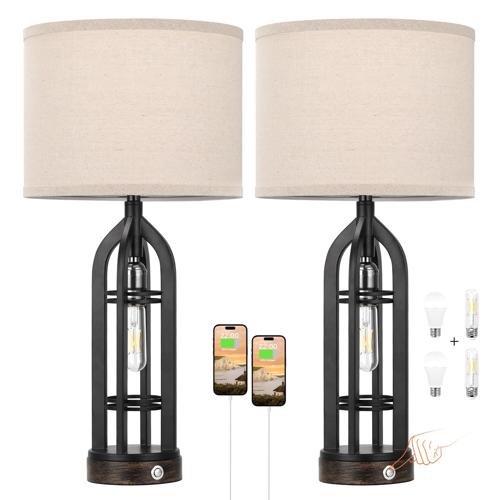 Table Lamp for Living Room - Lamps Set of 2 with USB C+A & Outlet, 3-Way Dimmable Farmhouse Lamps for Night Stands, Rustic Bedside Lamp for End Tables, Industrial Nightstand Lamps for Bedroom