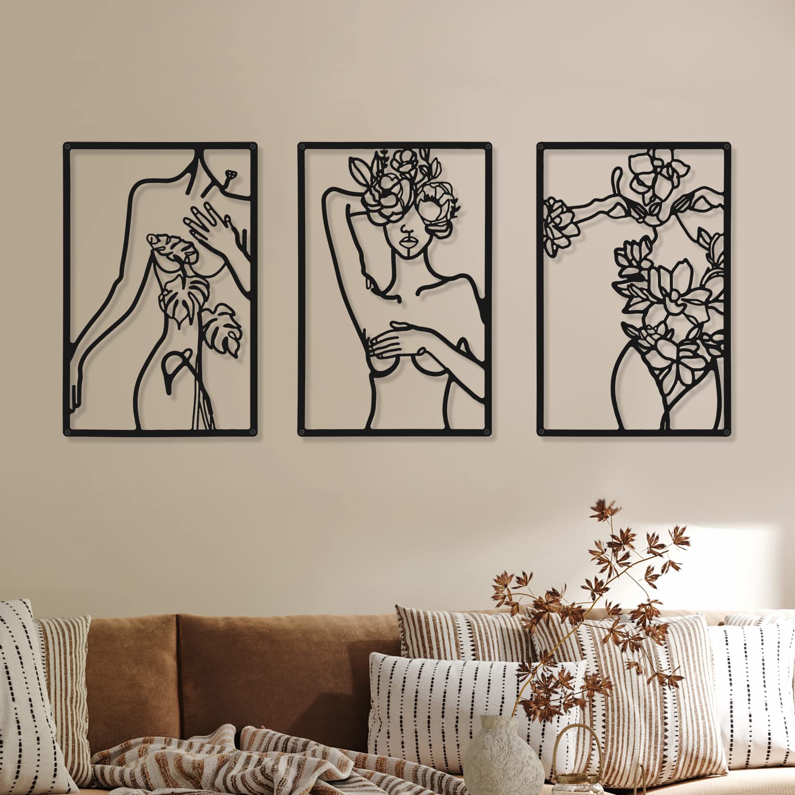 CHENGU 3 Pieces Metal Minimalist Abstract Woman Wall Art Line Drawing Wall Art Decor Single Line Female Home Hanging Wall Art Decor for Kitchen Bathroom Living Room (Black,Body with Flower)