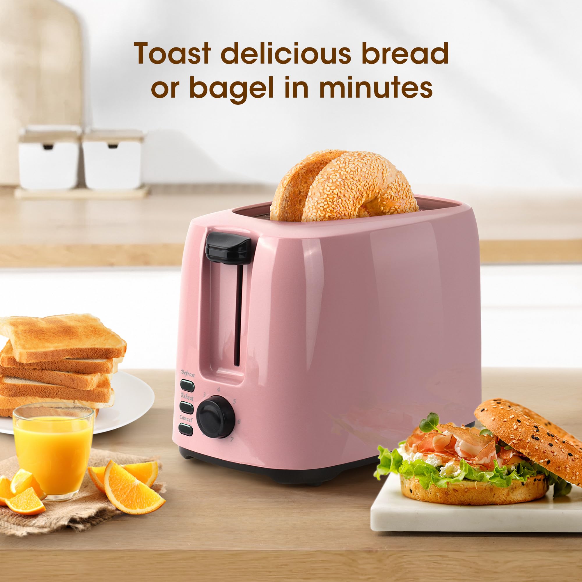 iSiLER 2 Slice Toaster, 1.3 Inches Wide Slot Bagel Toaster with 7 Shade Settings and Double Side Baking, Compact Bread Toaster with Removable Crumb Tray, Defrost Cancel Function Pink