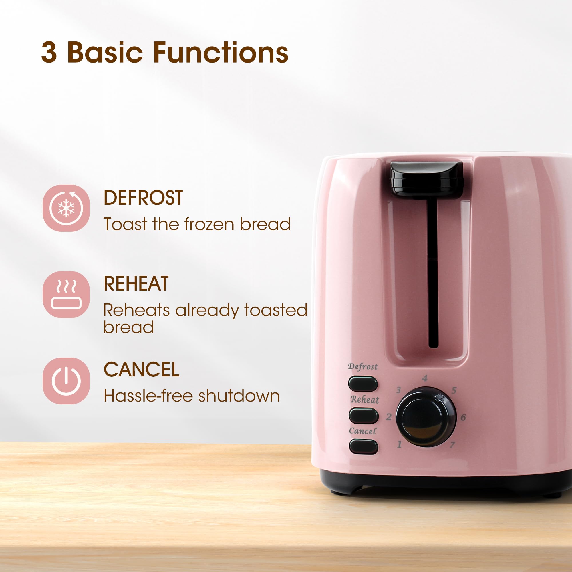 iSiLER 2 Slice Toaster, 1.3 Inches Wide Slot Bagel Toaster with 7 Shade Settings and Double Side Baking, Compact Bread Toaster with Removable Crumb Tray, Defrost Cancel Function Pink