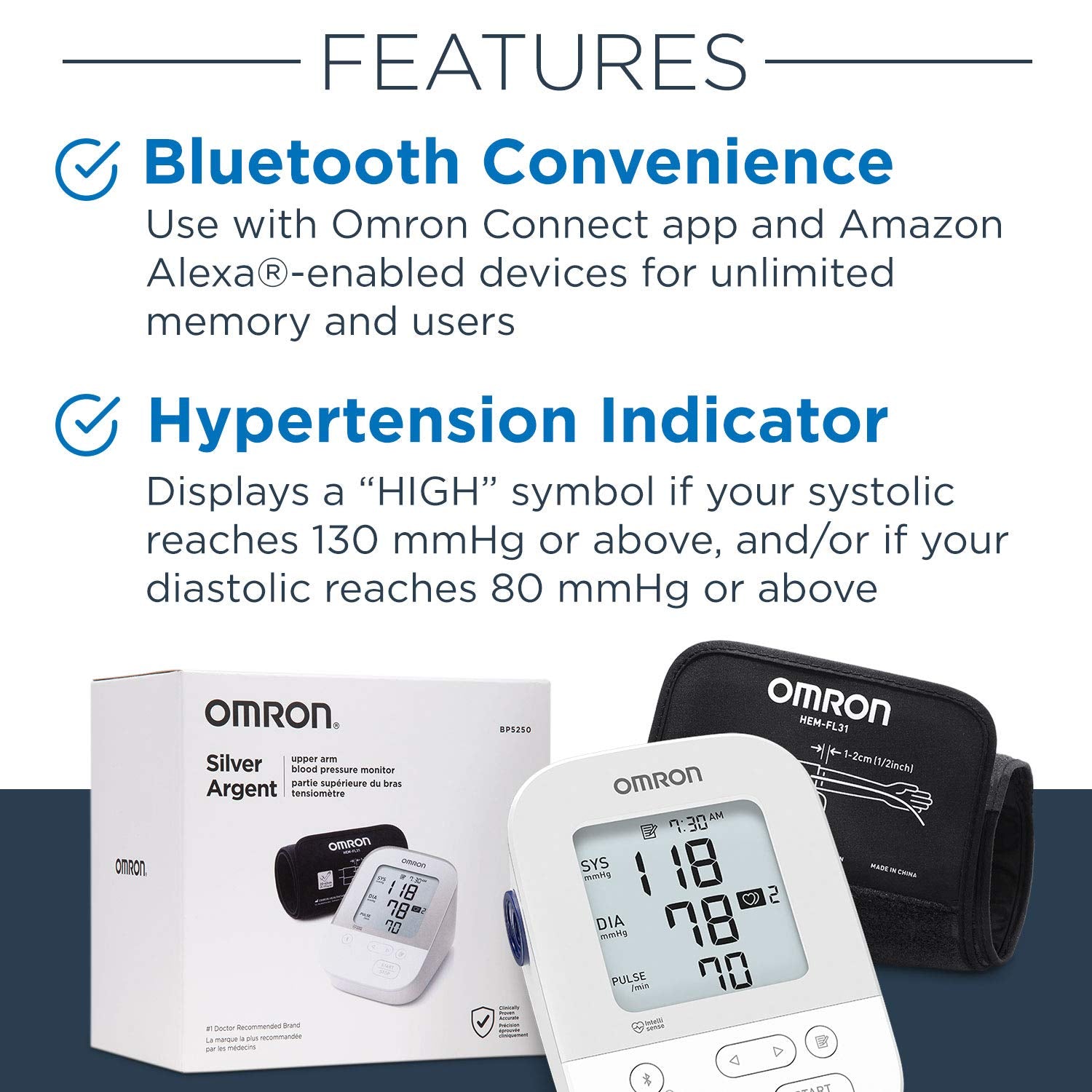 OMRON Silver Blood Pressure Monitor, Upper Arm Cuff, Digital Bluetooth Blood Pressure Machine, Stores Up To 80 Readings