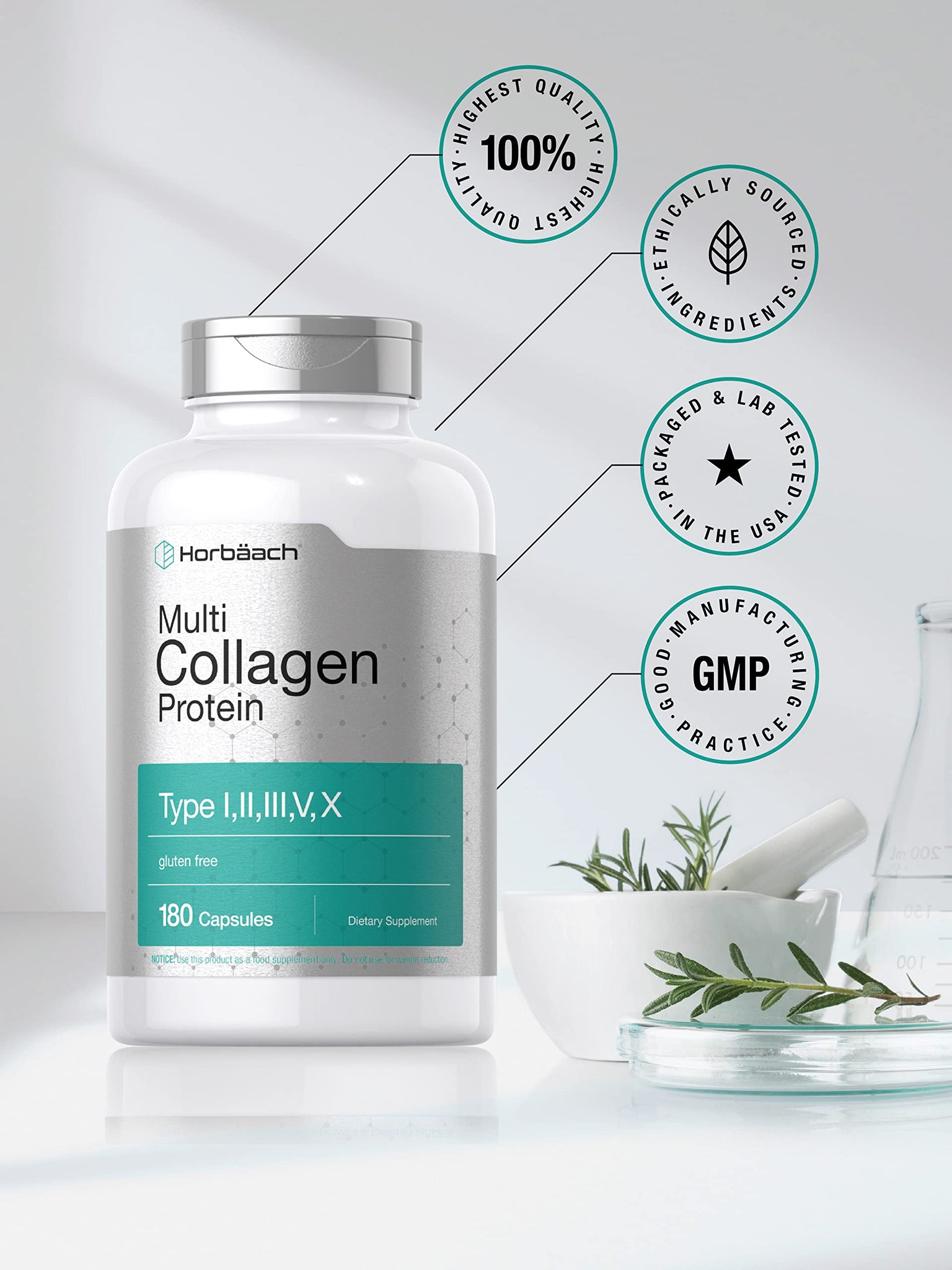 Multi Collagen Protein 2000 mg | 180 Capsules | Type I, II, III, V, X | Collagen Peptide Pills | Keto & Paleo Friendly, Gluten Free Supplement | by Horbaach