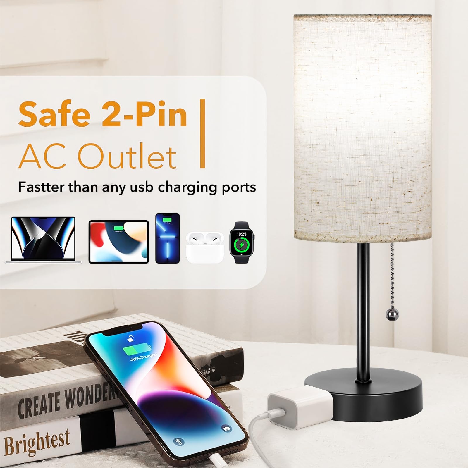 Kukobo Table Lamps Set of 2, Bedside Lamp for Bedroom Living Room, Small Table lamp for Nightstand, 5000K Pull Chain Desk Lamp with AC Outlet 2PK Black(2 Blubs Included).