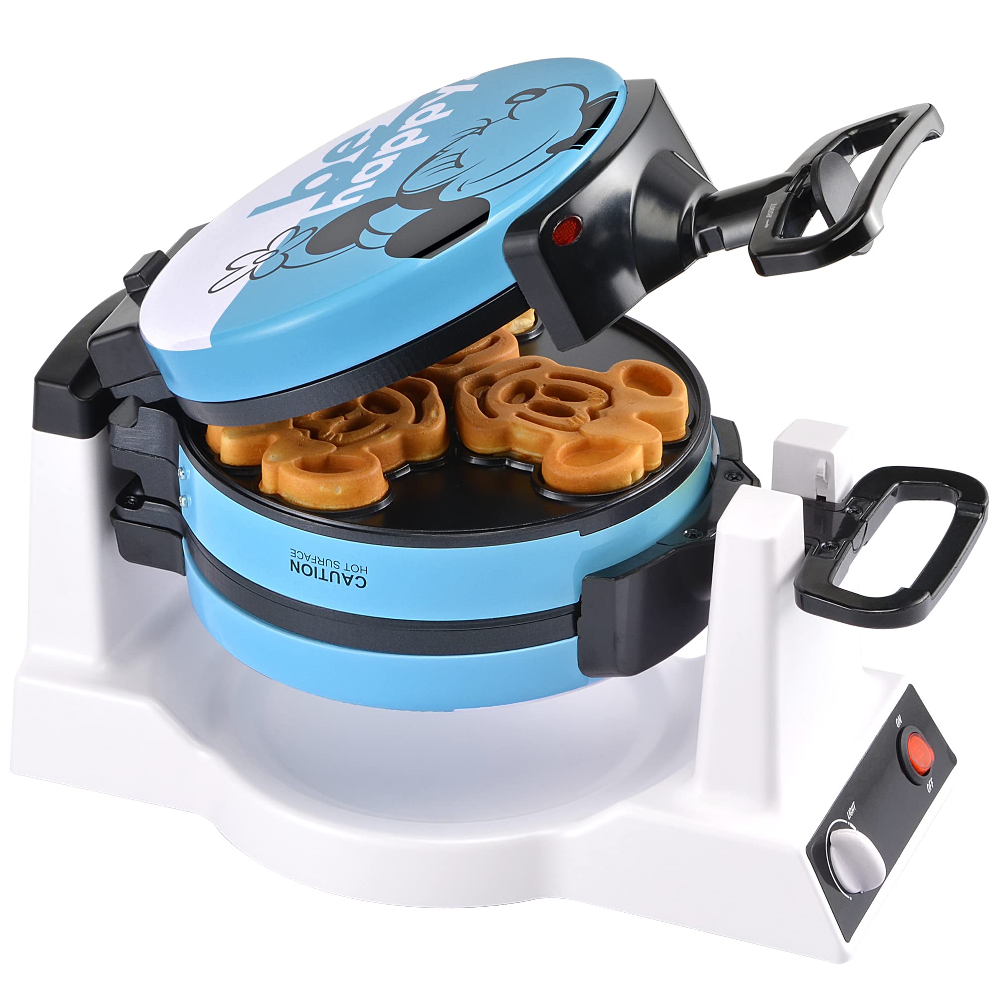 Disney Mickey & Minnie Double Flip Waffle Maker by Select Brands - Disney Waffle Maker - Features Non-Stick Plates - Blue Minnie & Mickey Mouse Waffle Iron for Disney Fans - Makes 6 Waffles