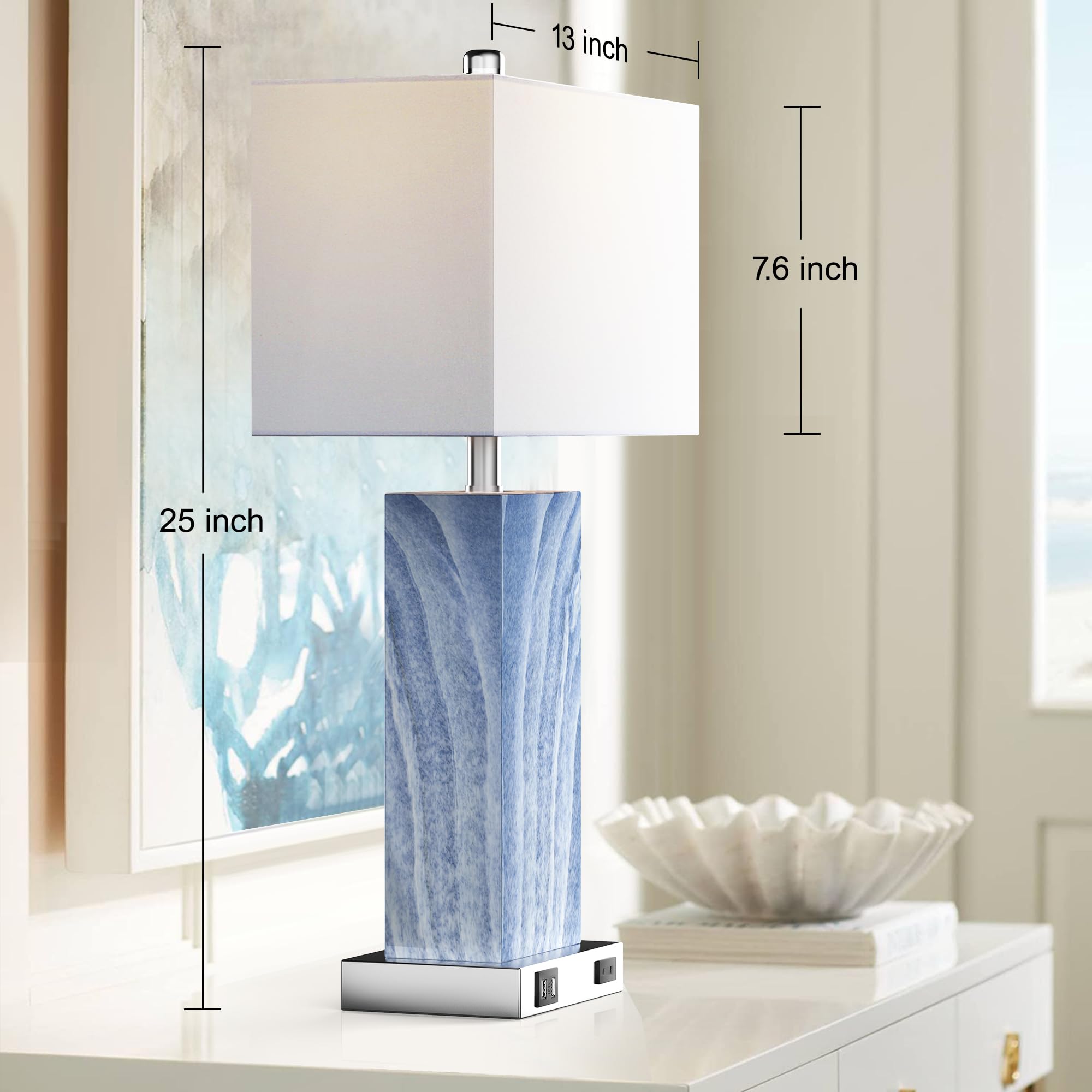 Touch Control Table Lamps with White Fabric Shade Set of 2, 3-Way Dimmable Modern Ceramic Blue Nightstand Bedside Lamp with 2 USB Ports 1 AC Outlet for Living Room, Bedroom (LED Bulbs Included)