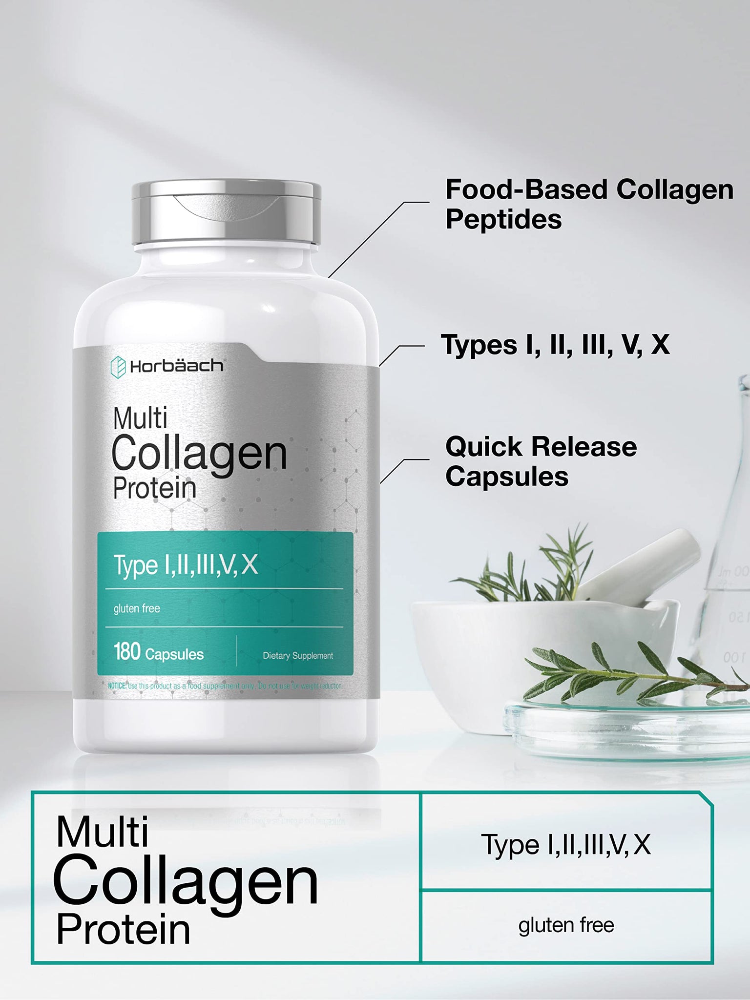 Multi Collagen Protein 2000 mg | 180 Capsules | Type I, II, III, V, X | Collagen Peptide Pills | Keto & Paleo Friendly, Gluten Free Supplement | by Horbaach