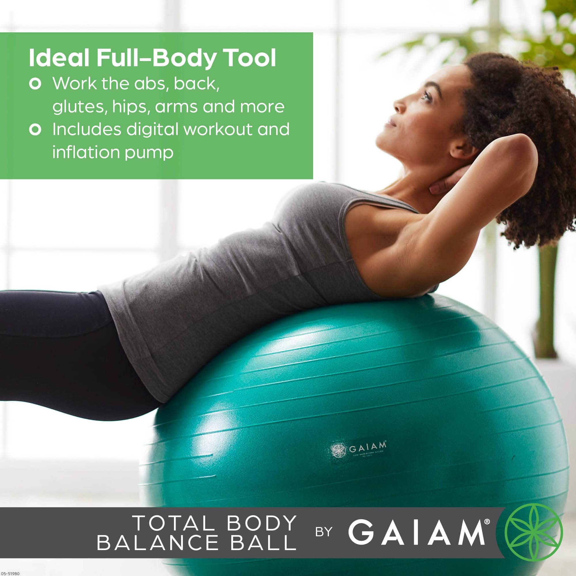 Gaiam 05-51982 Total Body Balance Ball Kit - Includes 65cm Anti-Burst Stability Exercise Yoga Ball, Air Pump & Workout Video - Green