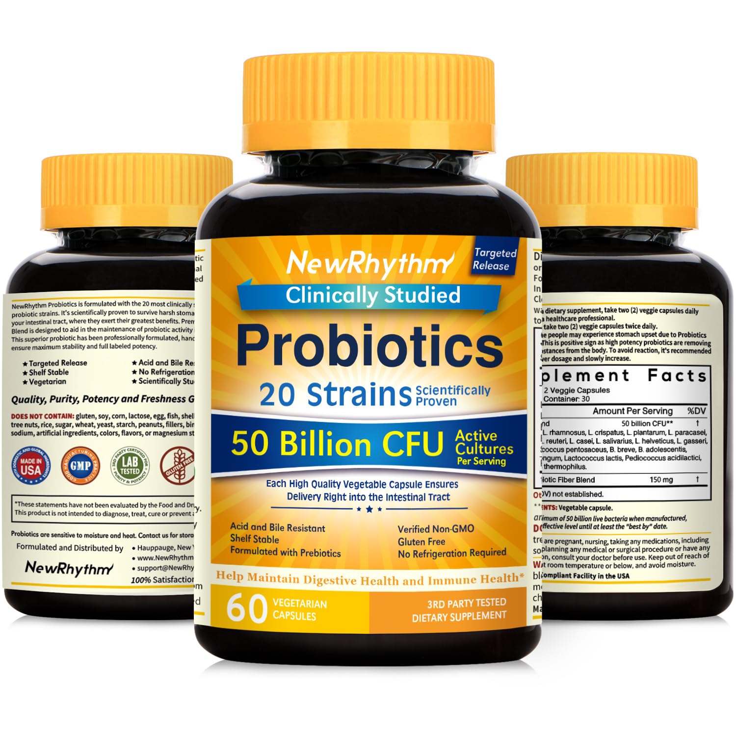 NewRhythm Probiotics 50 Billion CFU 20 Strains, 60 Veggie Capsules, Targeted Release Technology, Stomach Acid Resistant, No Need for Refrigeration, Non-GMO, Gluten Free