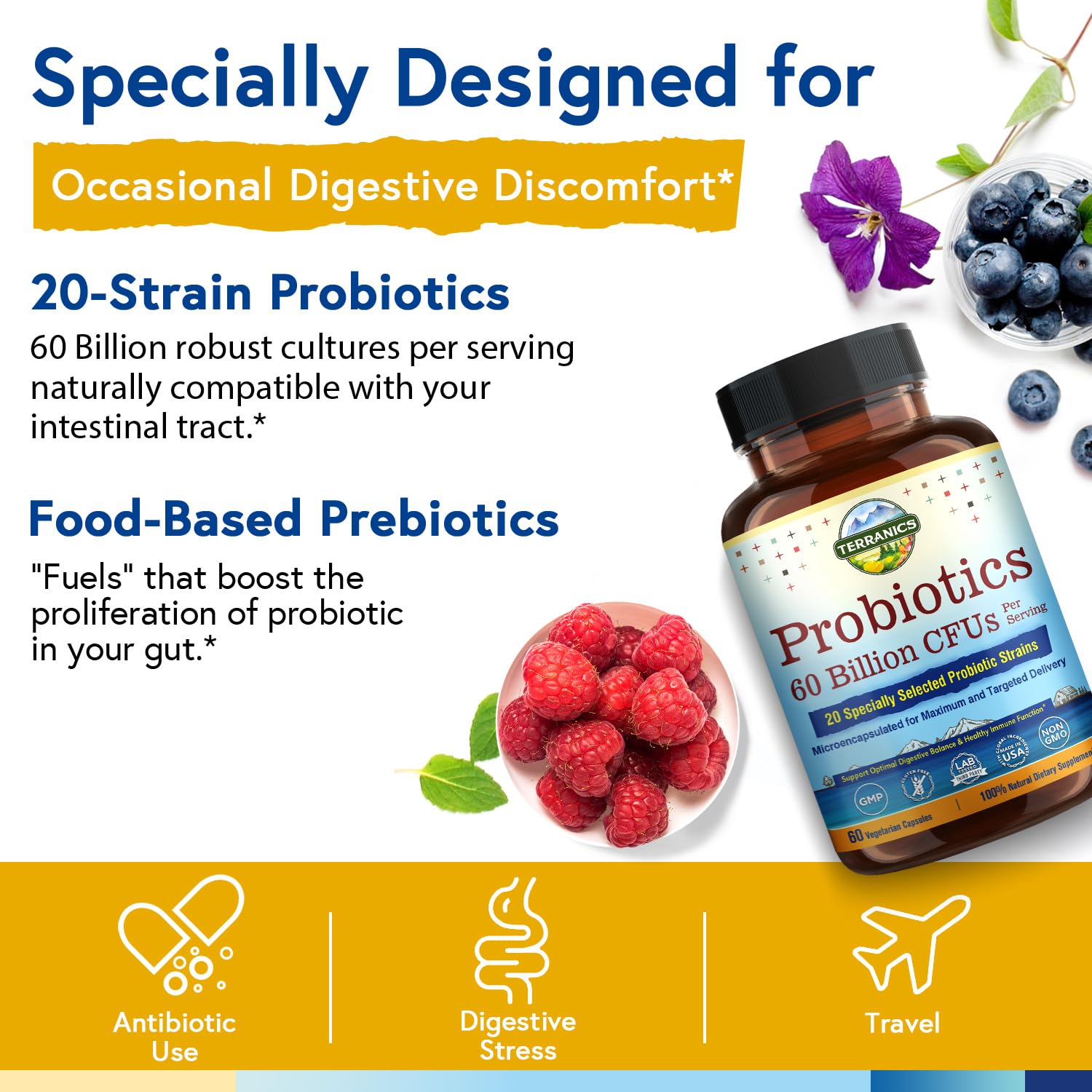 Terranics Probiotics 60 Billion CFU, 20 Strains, 60 Veg Capsules, Prebiotics & Probiotics, Shelf Stable Probiotic Supplement for Men & Women, Digestive & Immune Health, Non-GMO, NO Soy, Dairy & Gluten