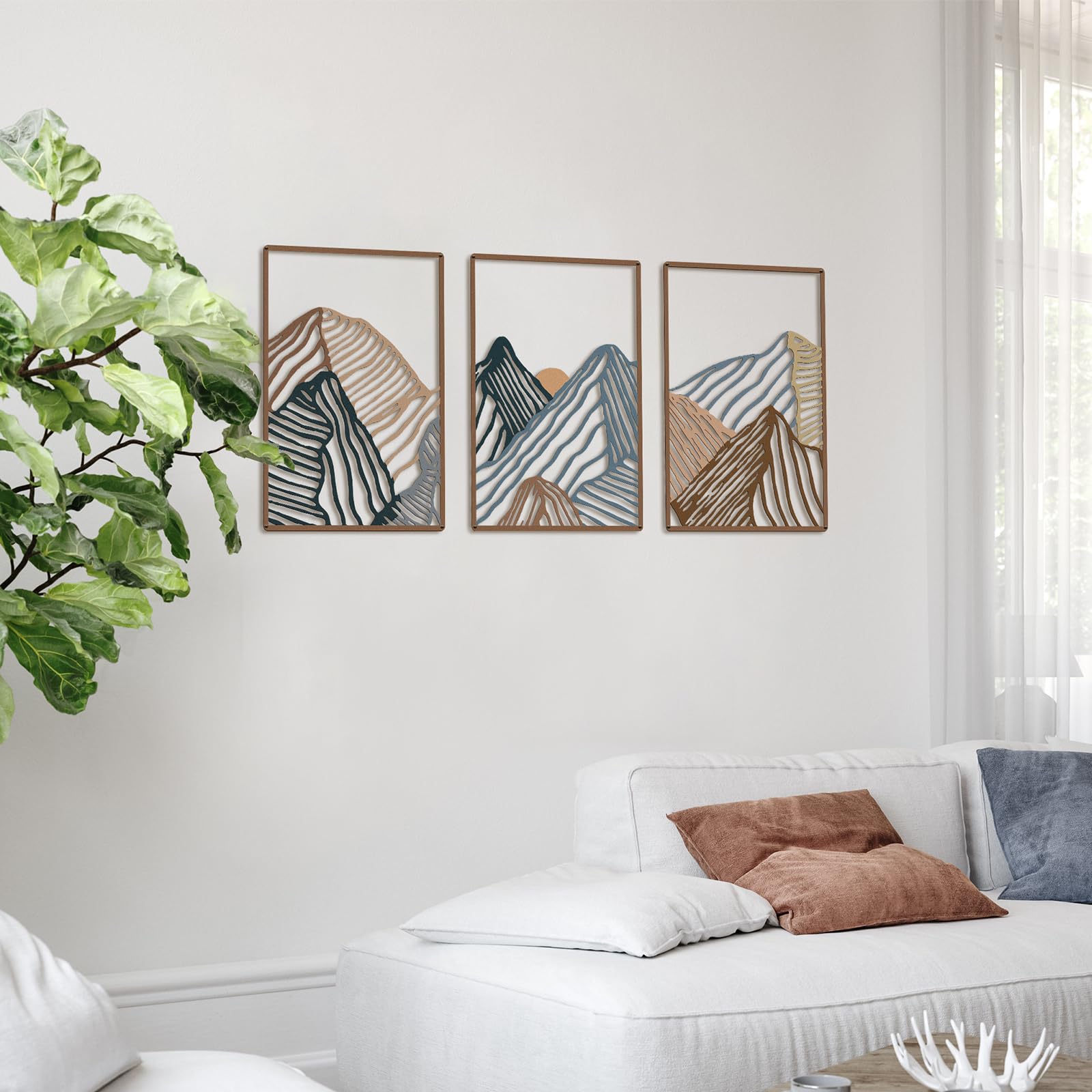 Peryiter 3 Pcs Mountain Metal Wall Art Mountain Line Wall Decor Abstract Minimalist Wall Art Rustic Nature Wall Decor for Home Bathroom Living Room(Colorful, Soft Style)