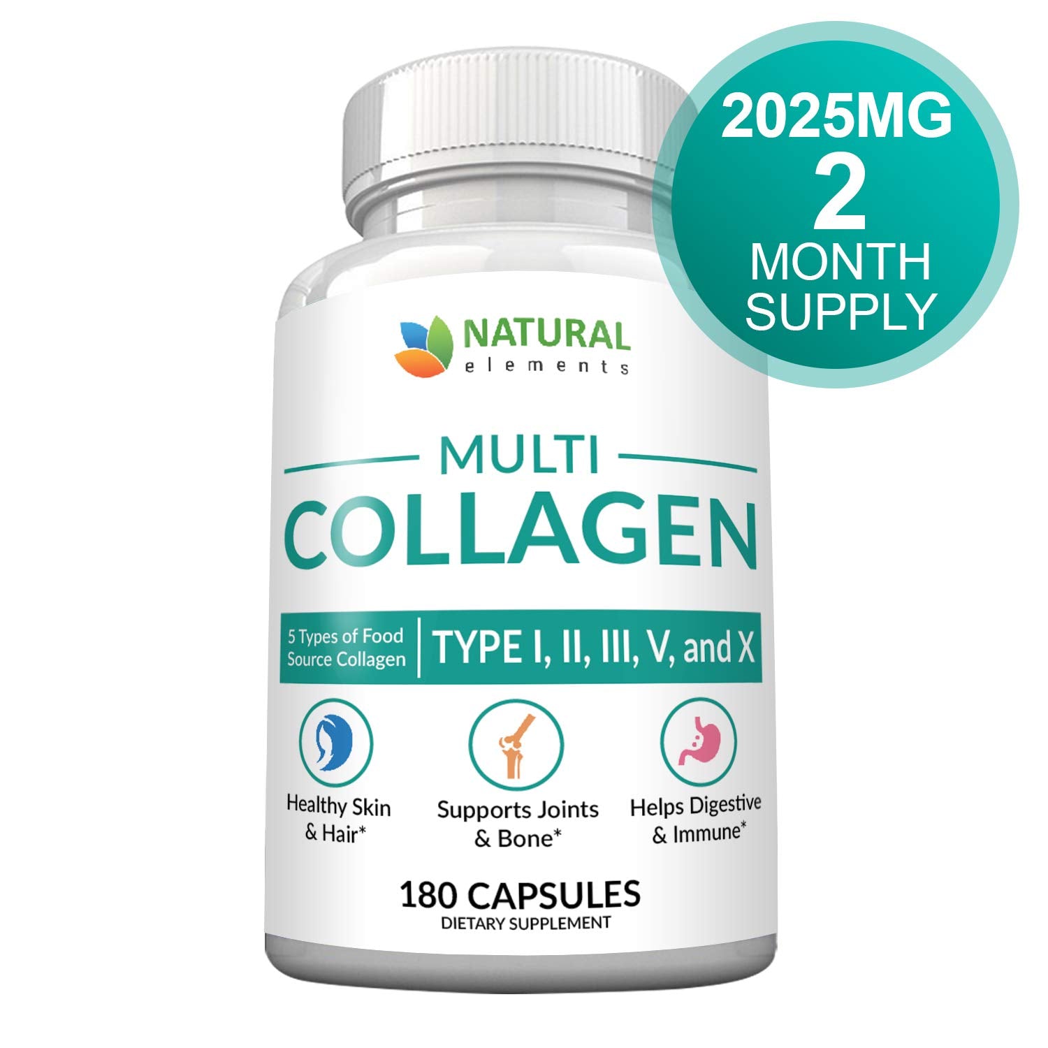 Multi Collagen 180 Protein Capsules - Type I, II, III, V, X Collagen Pills - Proprietary Blend of Eggshell, Chicken, Wild Fish & Grass-Fed Beef Collagen Peptides - 2025mg per serv