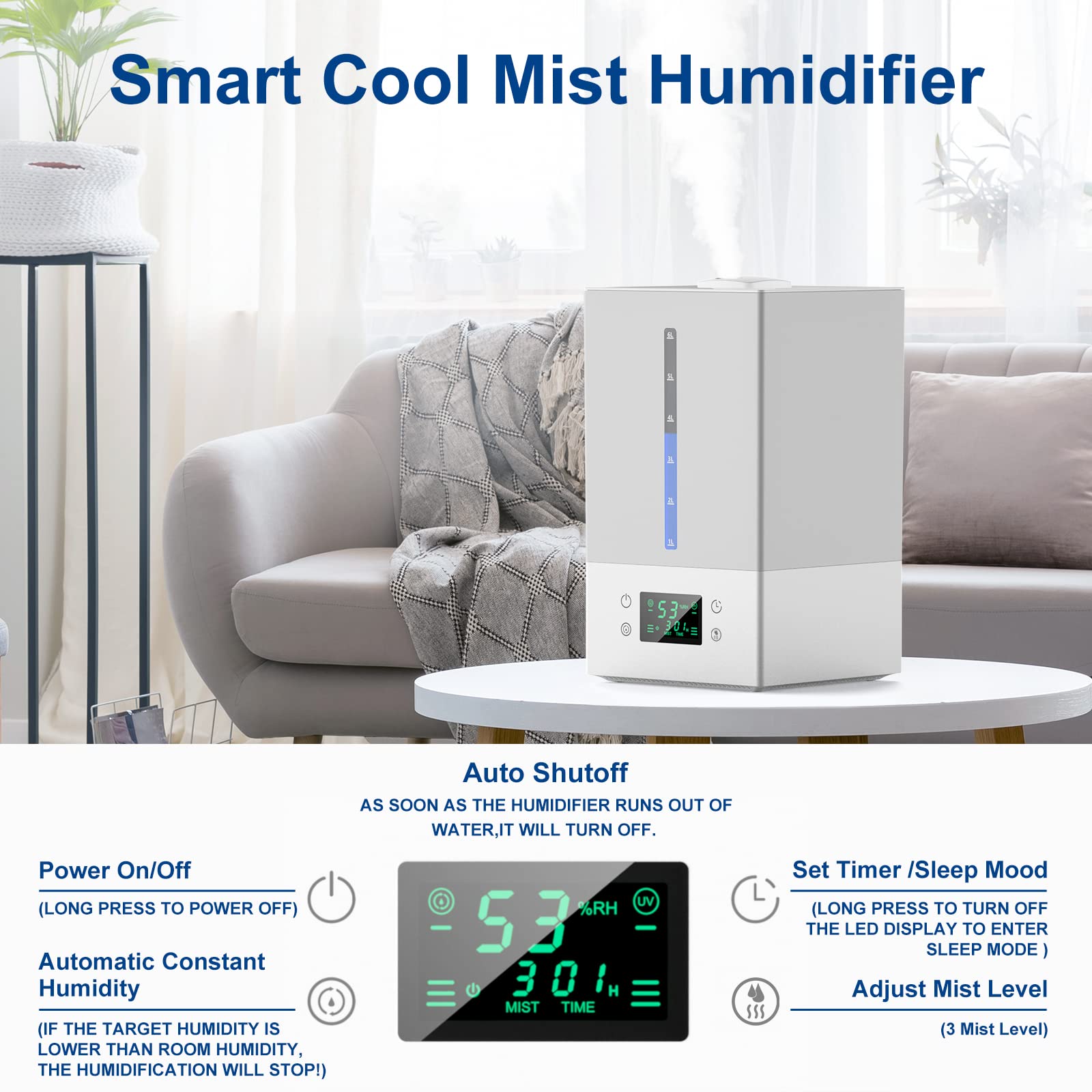 6L Humidifiers for Bedroom Large Room, Cool Mist Humidifiers for Baby Nursery Plants with Essential Oils Diffuser, 360°Rotatable Double Spray Outlet Nozzle, Auto-Shut Off, Sleep Mode