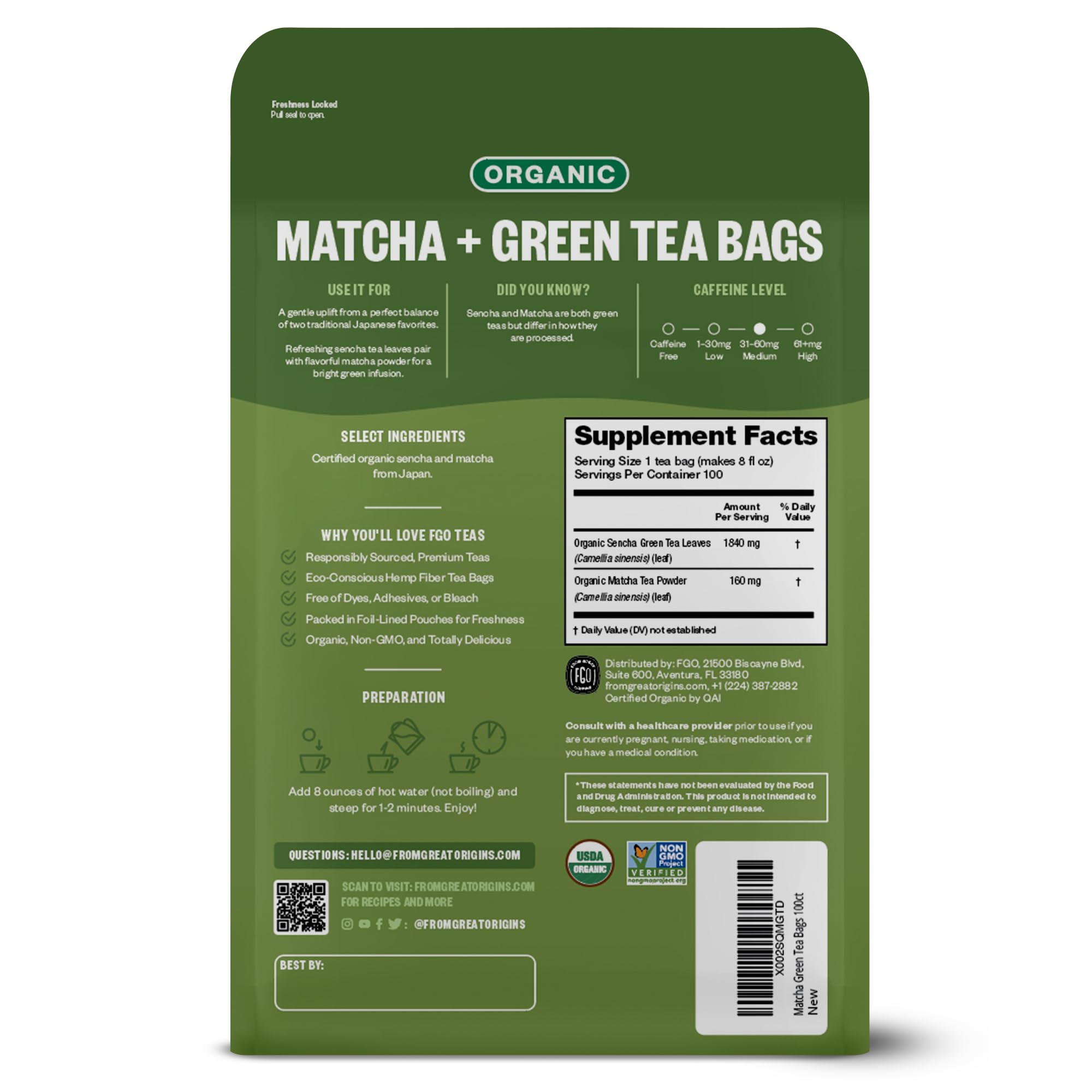 FGO Organic Japanese Matcha + Green Tea, Eco-Conscious Tea Bags, 100 Count, Packaging May Vary (Pack of 1)