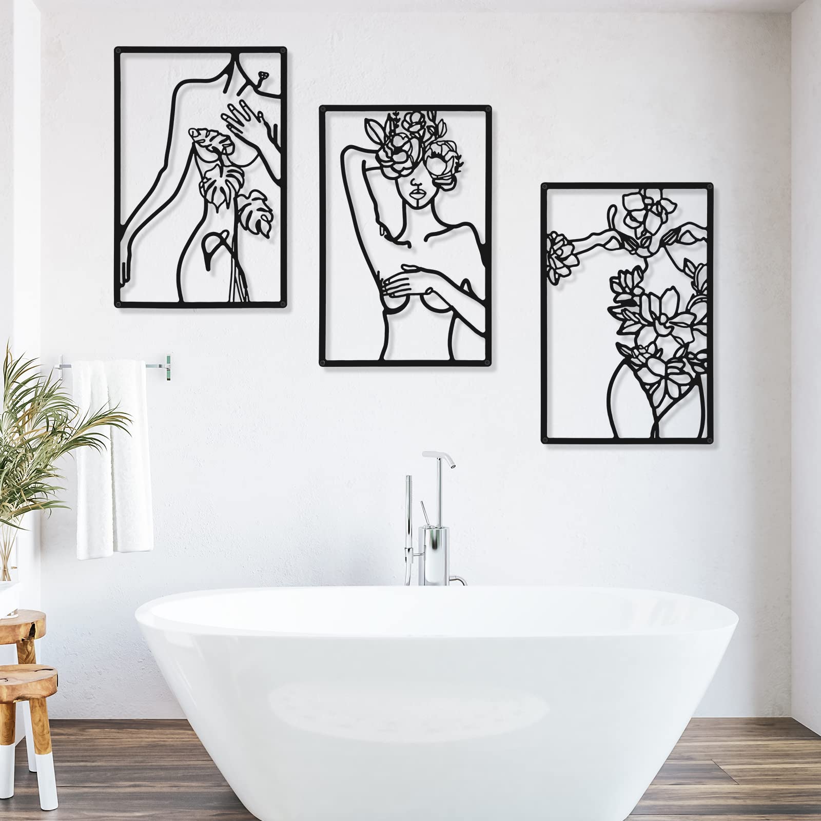 CHENGU 3 Pieces Metal Minimalist Abstract Woman Wall Art Line Drawing Wall Art Decor Single Line Female Home Hanging Wall Art Decor for Kitchen Bathroom Living Room (Black,Body with Flower)