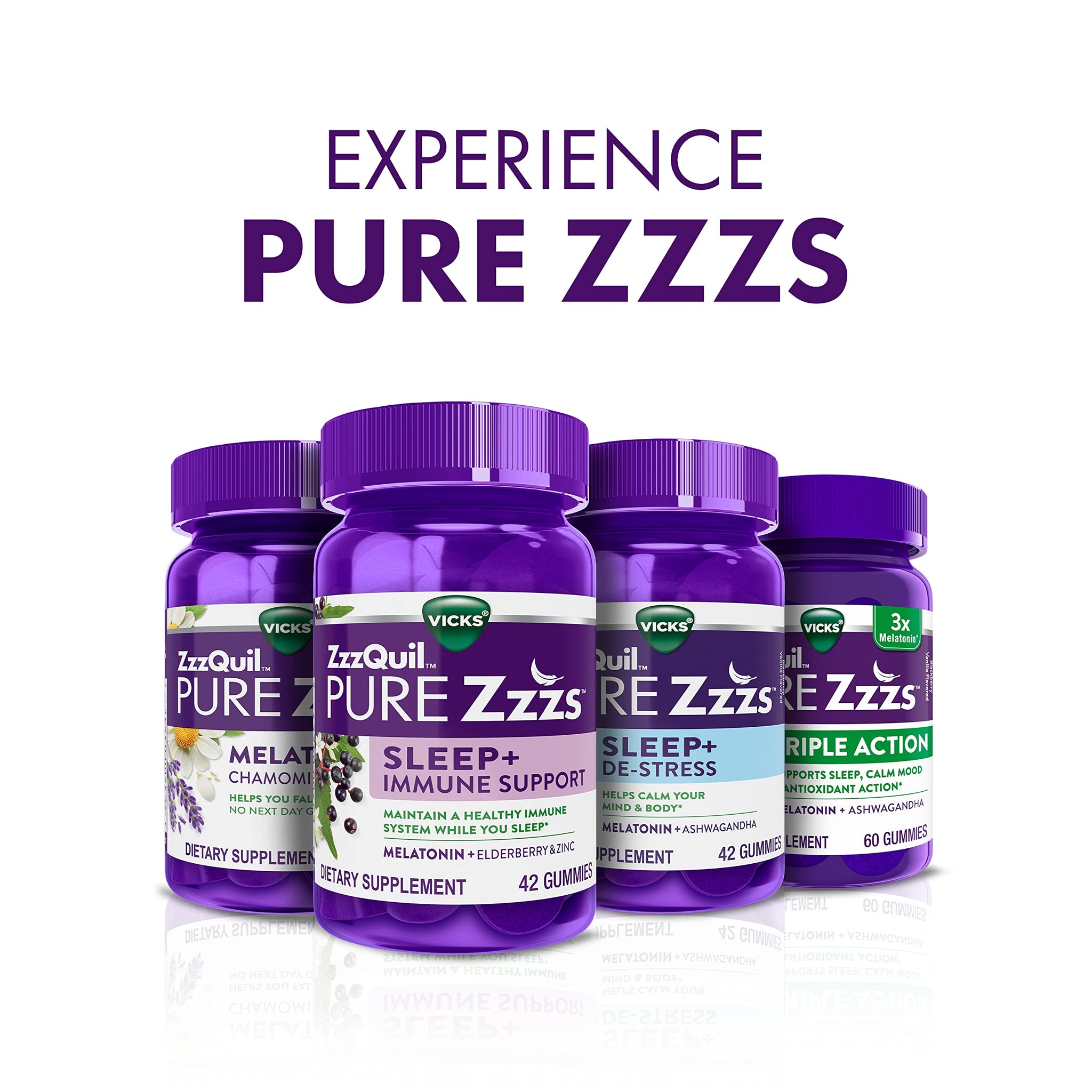 ZzzQuil PURE Zzzs Triple Action, 6mg Melatonin Gummies, 3X Melatonin Sleep Aid with Ashwagandha, Calm Mood & Antioxidant Action, Sleep Aid for Adults, 6 mg per serving, 60 Count