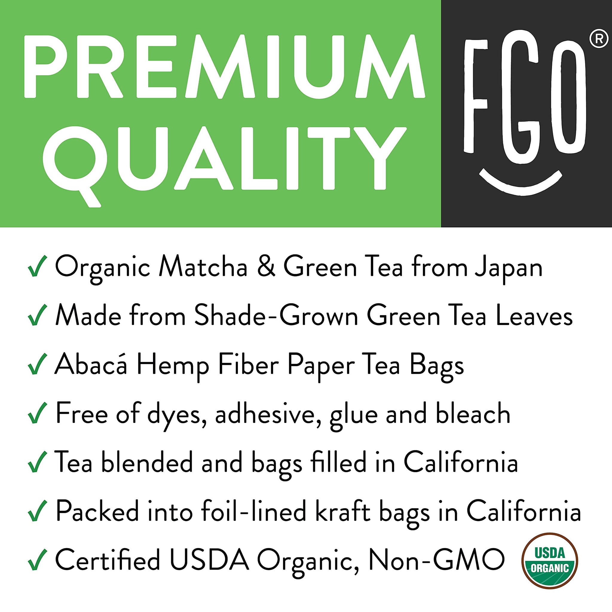 FGO Organic Japanese Matcha + Green Tea, Eco-Conscious Tea Bags, 100 Count, Packaging May Vary (Pack of 1)