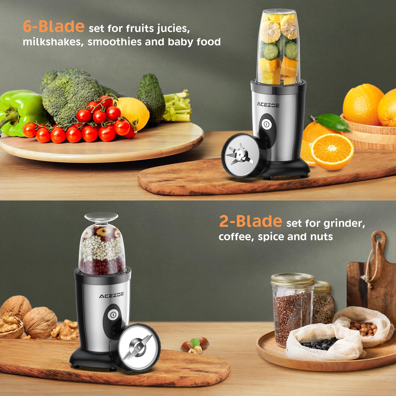 Acezoe Blender Shakes and Smoothies, 850W Portable Blender, One-Button Mixer, 3D 6-leafs, 2x17oz Personal Blender Bottle, BPA Free Kitchen, baby food, Grinding, Juice