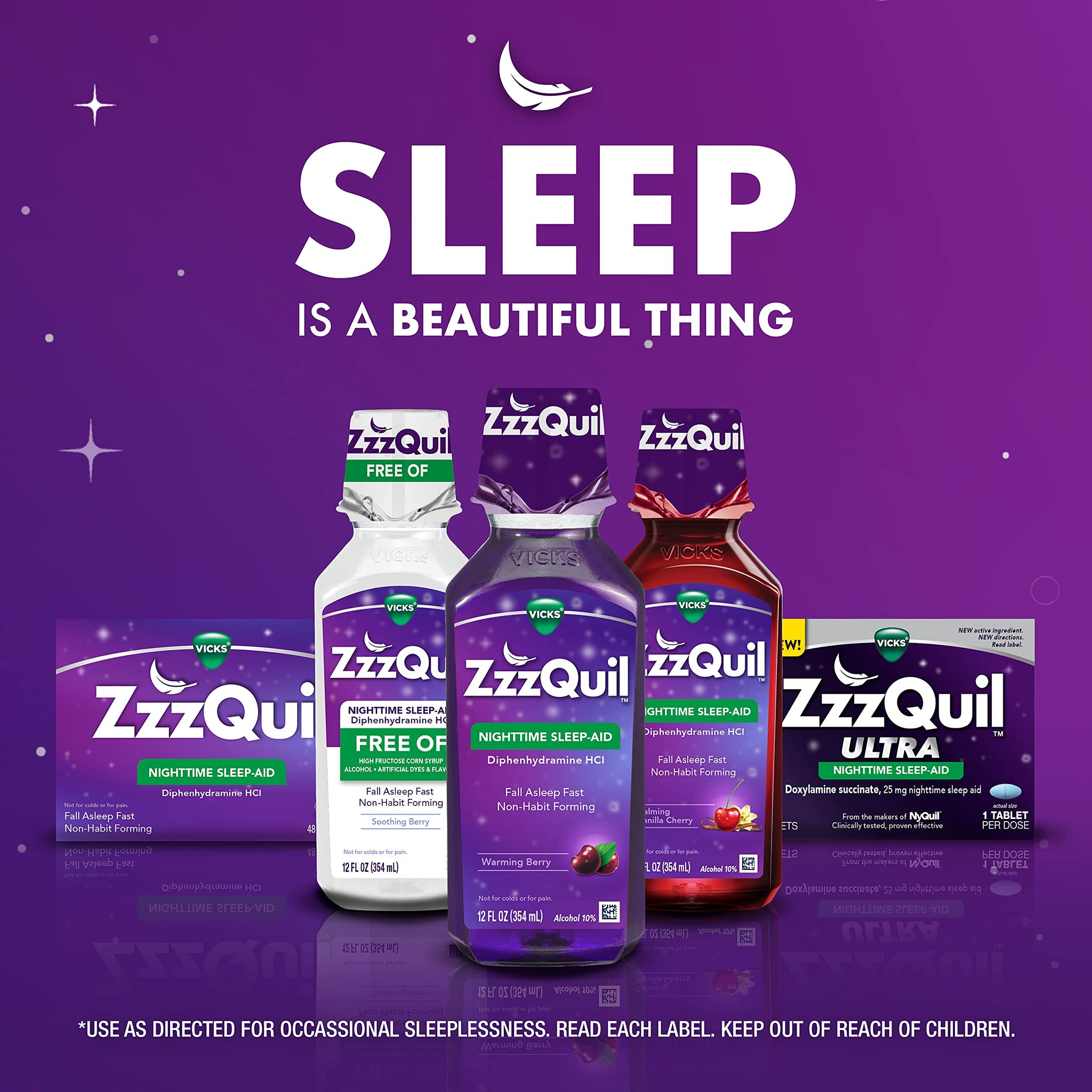 ZzzQuil, Sleep Aid, Nighttime Sleep Aid Liquid, 50 mg Diphenhydramine HCl, Fall Asleep Fast, Non-Habit Forming, Warming Berry Flavor, 12 FL OZ