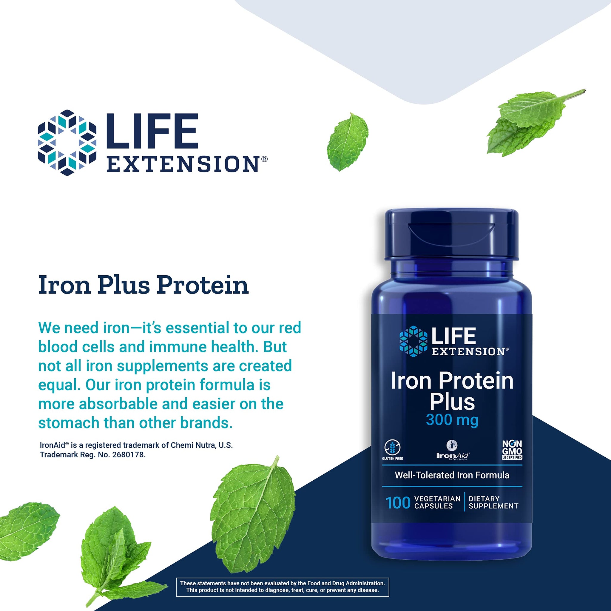 Life Extension Iron Protein Plus – Highly Absorbable Form of Irons Supplement for Red Blood Cell & Protein Production – Once Daily - Gluten-Free, Non-GMO, Vegetarian – 100 Capsules