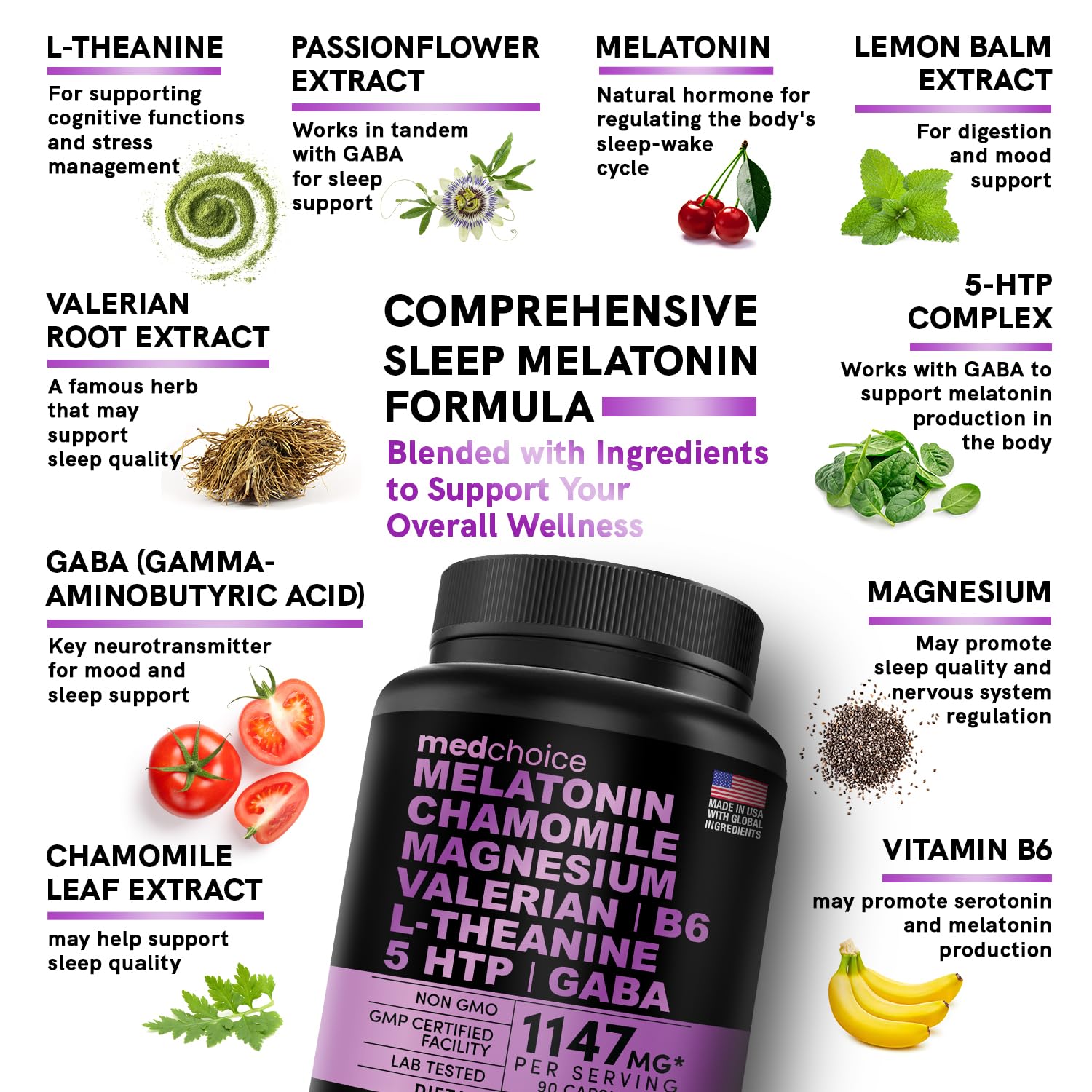 10-in-1 Melatonin Capsules - Melatonin 5mg Natural Sleep Aid for Adults with L Theanine, 5 HTP, GABA, Valerian Root, Chamomile, Vitamin B6, Magnesium for Sleep Support - Sleep Supplement (Pack of 1)