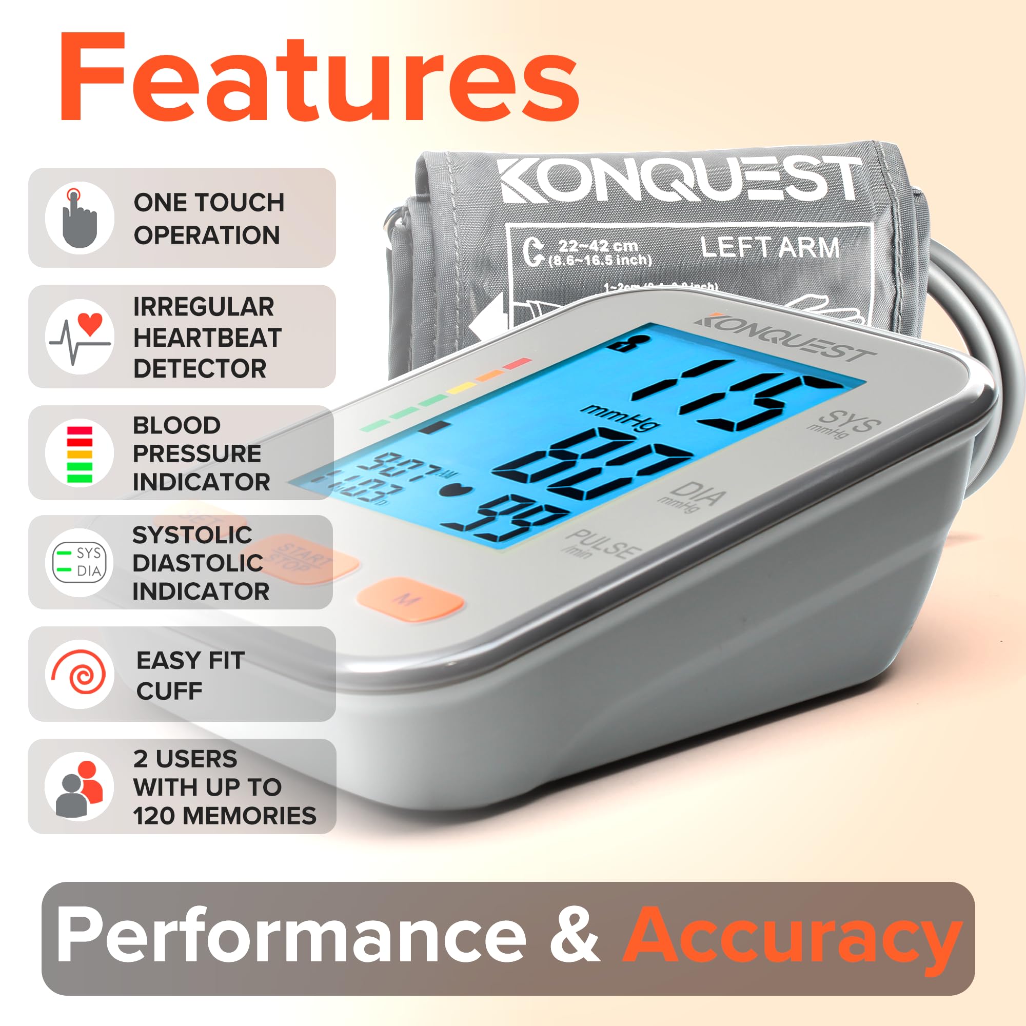 Konquest KBP-2704A Automatic Upper Arm Blood Pressure Monitor - Adjustable Cuff - Large Backlit Display - Irregular Heartbeat Detector - Tensiometro Digital…