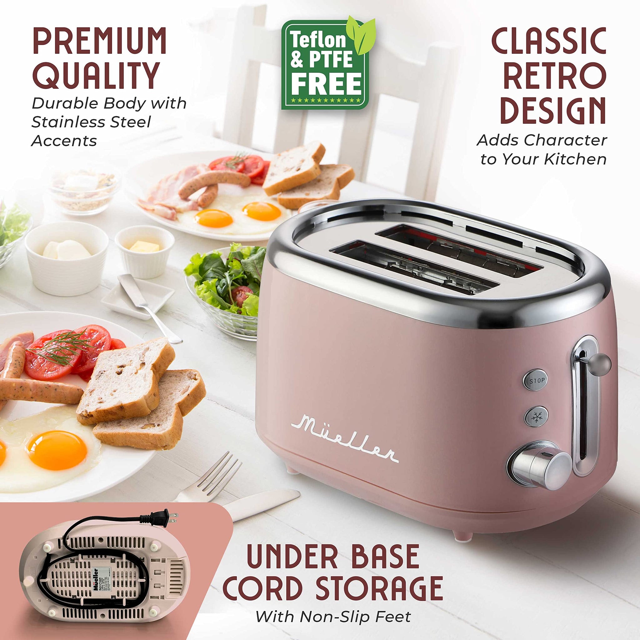 Mueller Retro Toaster 2 Slice with 7 Browning Levels and 3 Functions: Reheat, Defrost & Cancel, Stainless Steel Features, Removable Crumb Tray, Under Base Cord Storage, Pink