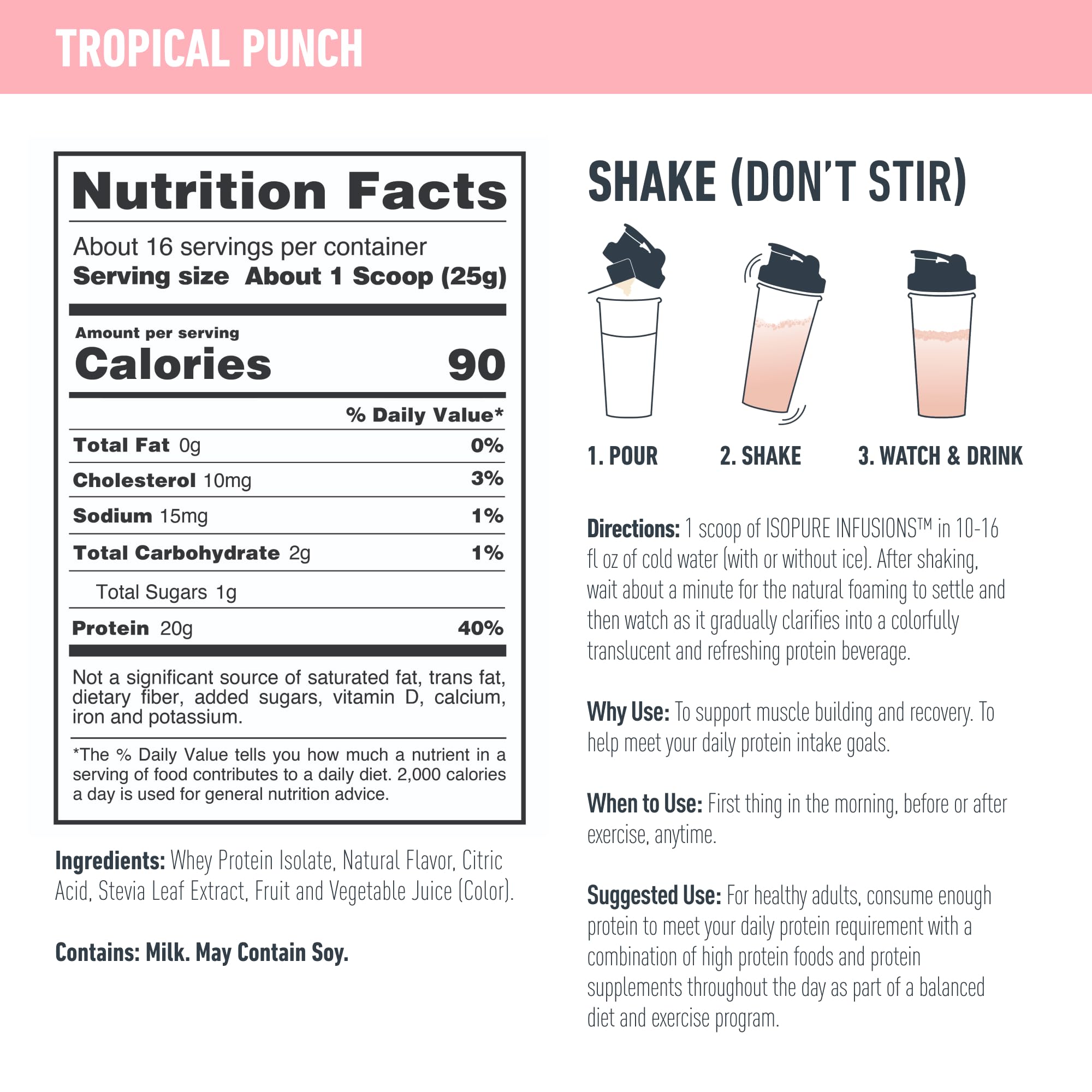 Isopure Protein Powder, Clear Whey Isolate Protein, Post Workout Recovery Drink Mix, Gluten Free with Zero Added Sugar, Infusions- Tropical Punch, 16 Servings