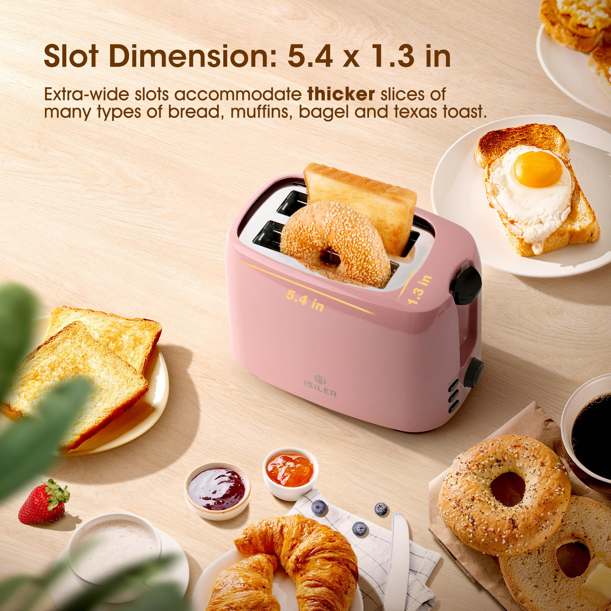 iSiLER 2 Slice Toaster, 1.3 Inches Wide Slot Bagel Toaster with 7 Shade Settings and Double Side Baking, Compact Bread Toaster with Removable Crumb Tray, Defrost Cancel Function Pink