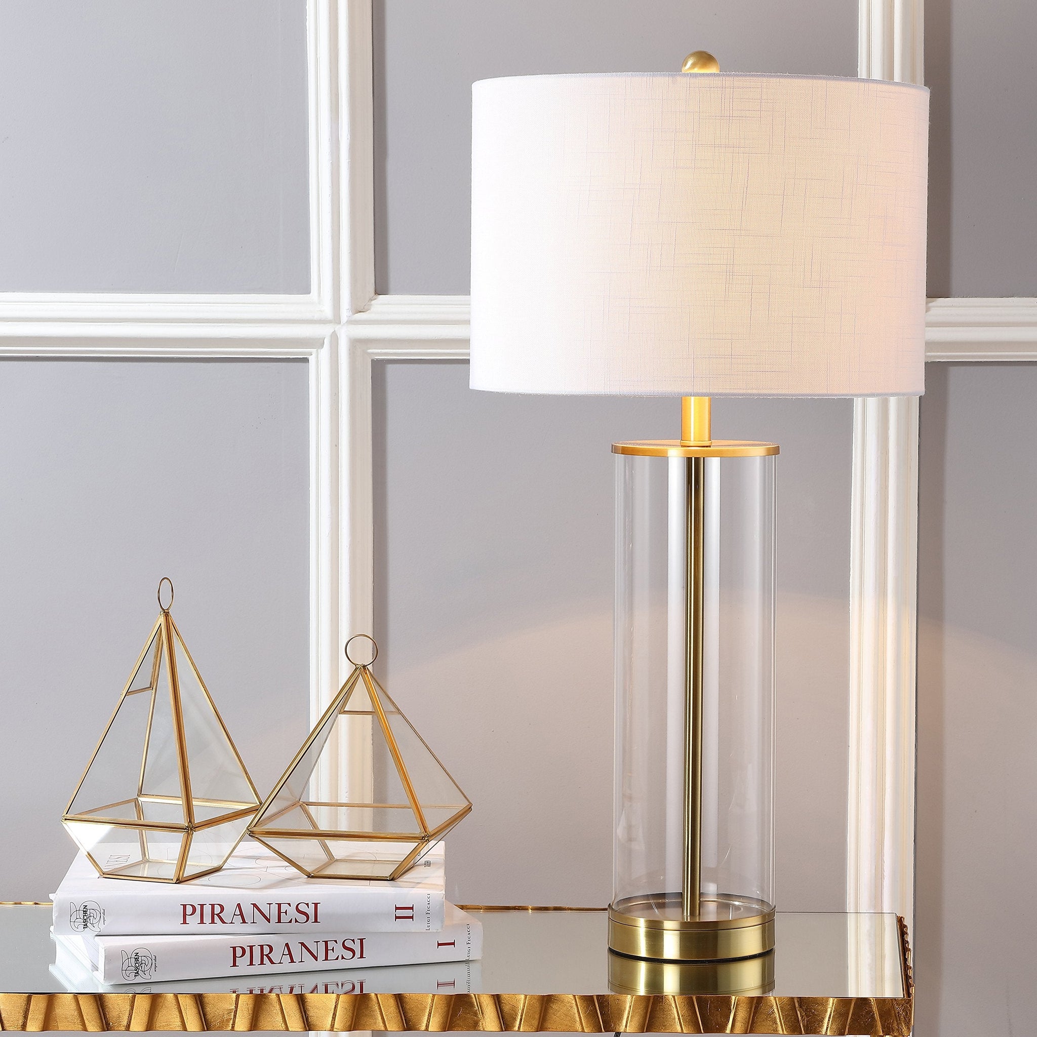 JONATHAN Y JYL2005A Collins 29" Glass LED Table Lamp Modern Contemporary Glam Bedside Desk Nightstand Lamp for Bedroom Living Room Office College Bookcase LED Bulb Included, Clear/Brass Gold