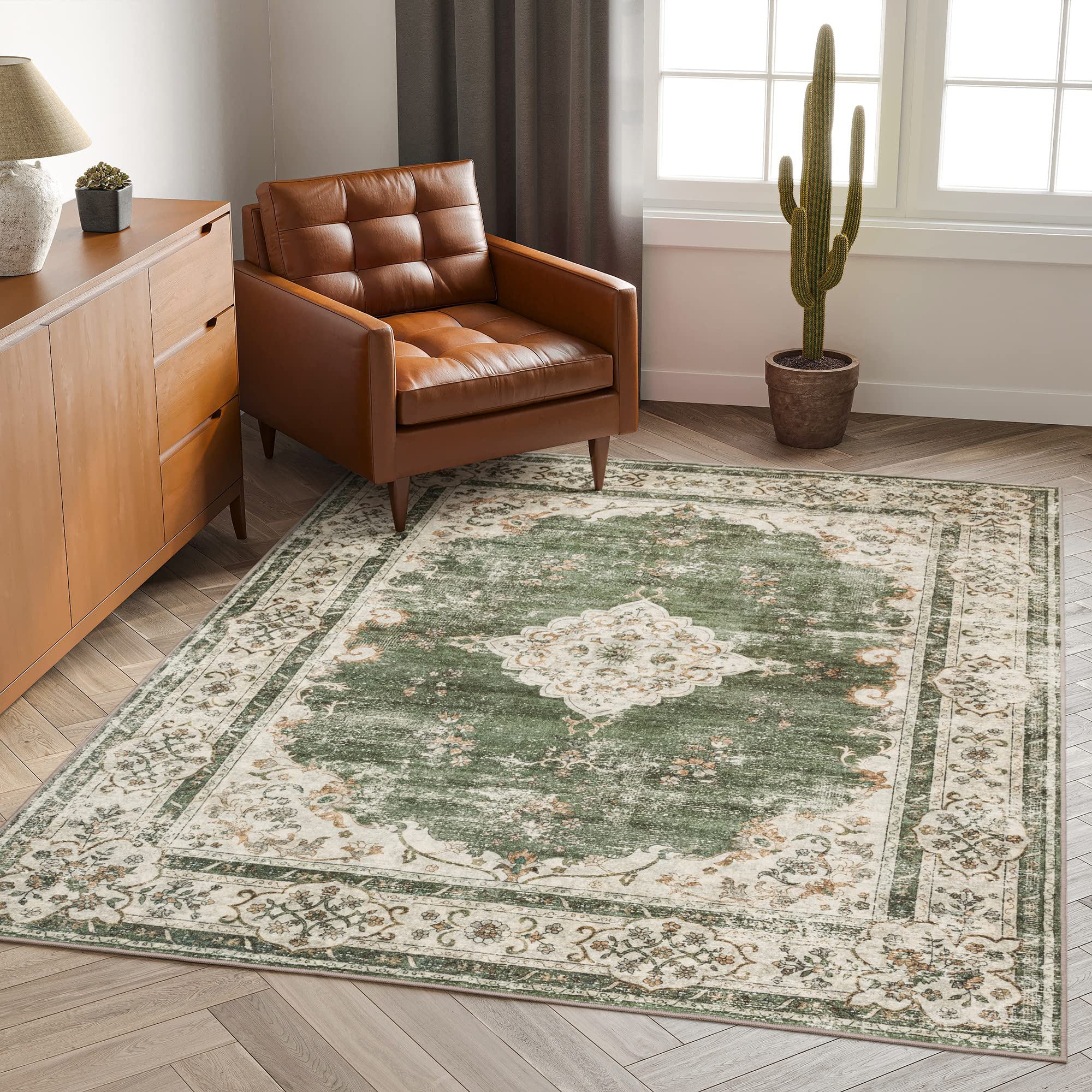 Valenrug Washable Rug 5x7 - Ultra Thin Green Collection Area Rug, Stain Resistant Non-Skid Rugs for Living Room, Antique Bedroom Rugs(5'x7', TPR40-Green)