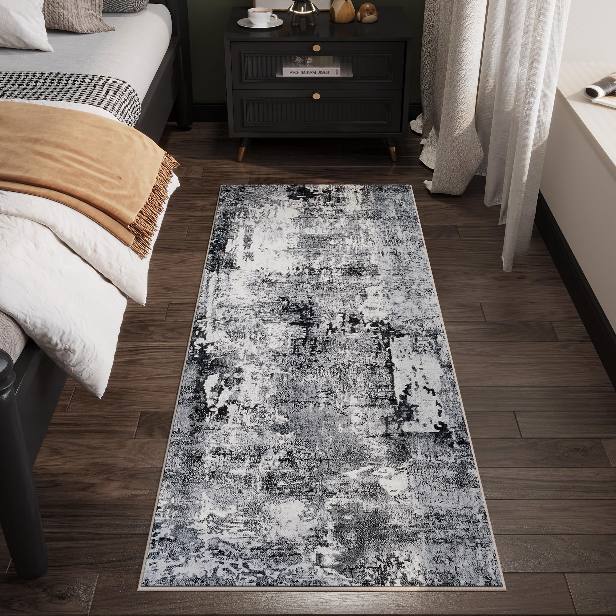 Rugcomf Runner Rug 2'6''x8' Hallway Runner Rug Washable Boho Soft Area Rug Abstract Pattern Non-Slip Faux Wool Vintage Rug for Kitchen, Entryway, Laundry, Bedroom, Grey and Black