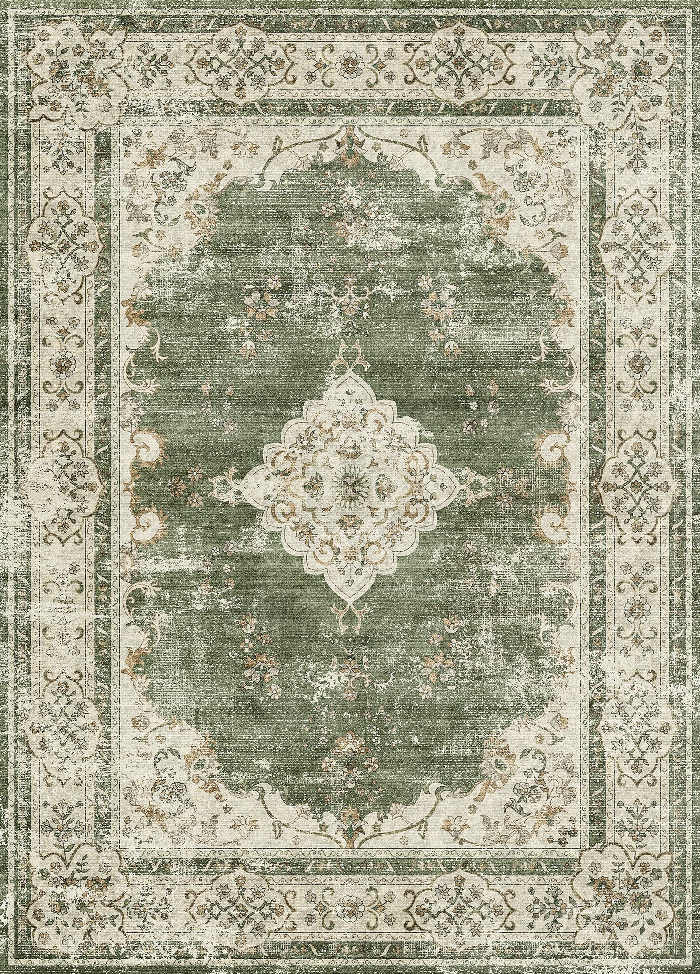 Valenrug Washable Rug 5x7 - Ultra Thin Green Collection Area Rug, Stain Resistant Non-Skid Rugs for Living Room, Antique Bedroom Rugs(5'x7', TPR40-Green)